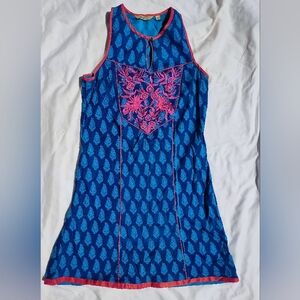 Global Desi Blue Printed Dress with Pink Neck Trim